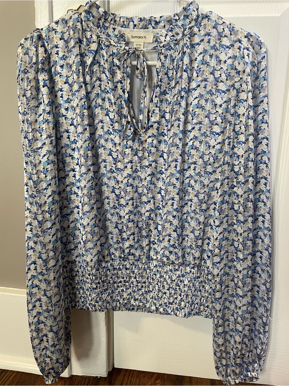 Tamara H. Blue Floral Tie-Neck Blouse